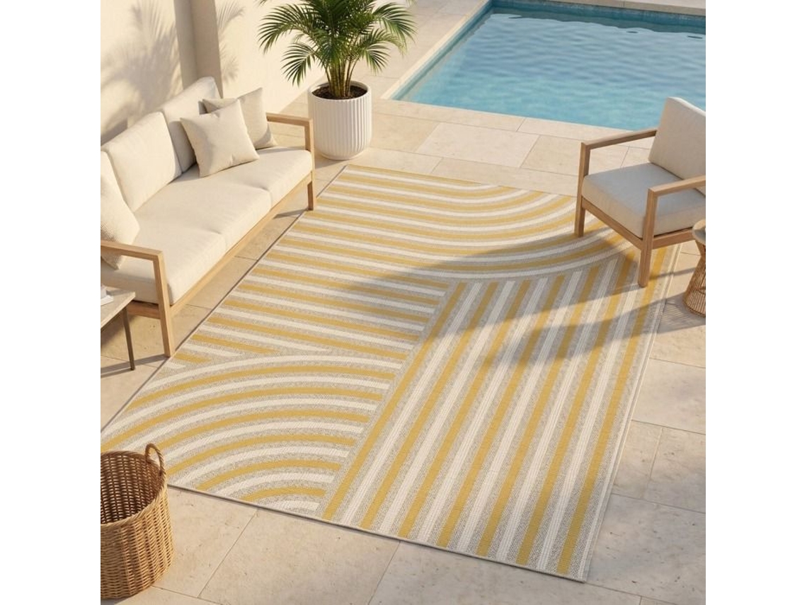 Tapete Moderno Para Interior E Exterior Com Padrões Curvos Amarelo E Bege 120x170