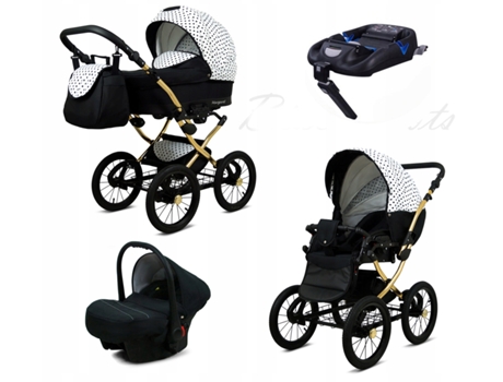 Carrinho de Bebé Multifuncional BABYLUX MARGARET GOLD 4 Em 1 -Black Dots - Ajustável e dobrável Construção leve em alumínio - Acessórios