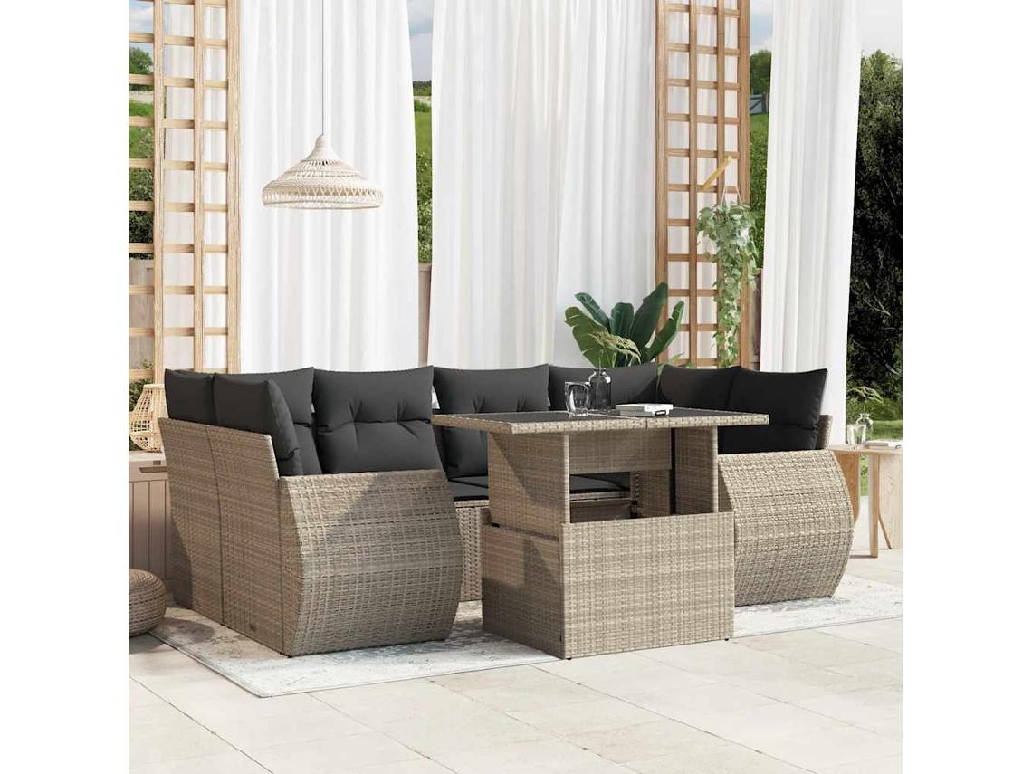 Vidaxl 7 Pcs Conj. Sofás Jardim Com Almofadões Vime Pe Cinzento-claro