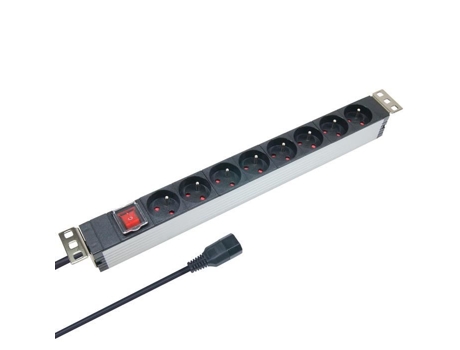 Bandeja multi-tomadas Waytex de 19 polegadas com 8 tomadas tipo E e interruptor, caixa de alumínio