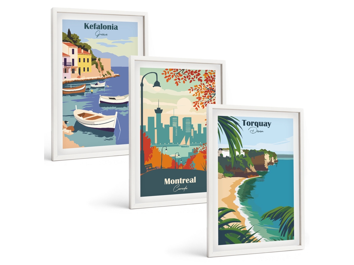 Galeria De Pinturas Murais Vistas Urbanas Da Grécia, Canadá E Austrália Moldura Branca Quadros Para A Sala De Estar Espelharte (3 Piezas De 40x60 Cm)
