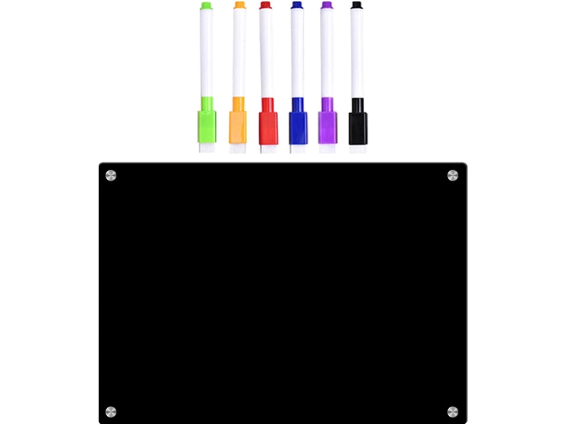 Quadro branco magnético em acrílico preto, apagável a seco, para geladeira, fácil de limpar e confortável.