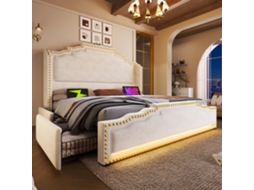 Cama 160x200 Bege Com Gavetas, Led E Usb-c Sem Colchão