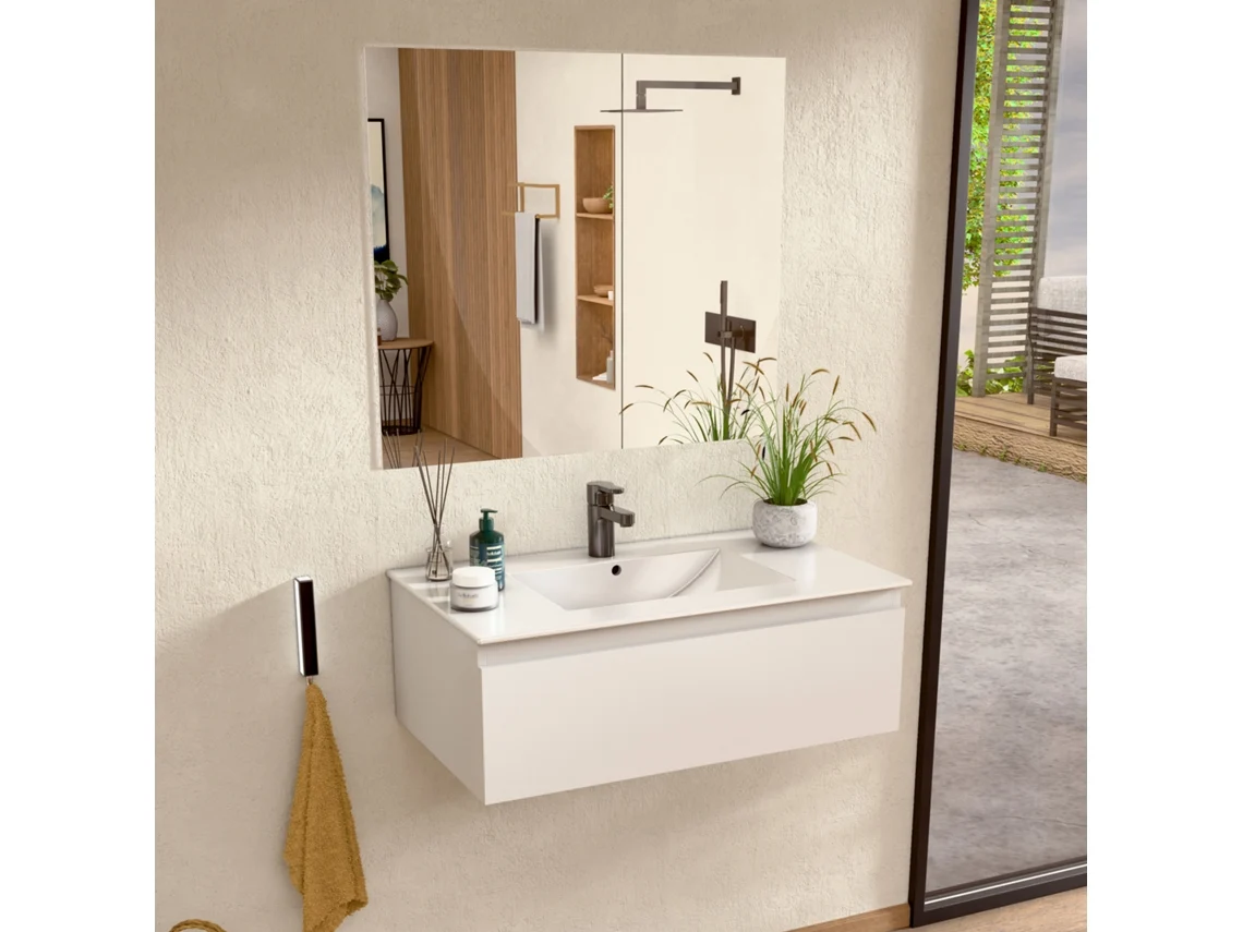 Móvel De Banheiro Suspenso Com Lavatório De Cerâmica E Espelho, Móvel Com 1 Gaveta, 100 X 27 X 45 Cm, Móvel Branco Bellobath