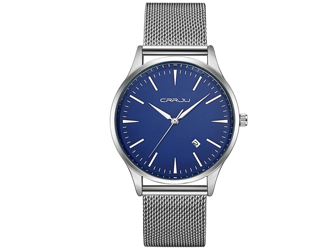 Relógio masculino à prova d'água com pulseira de malha, mostrador redondo e movimento analógico de quartzo (prateado/azul)