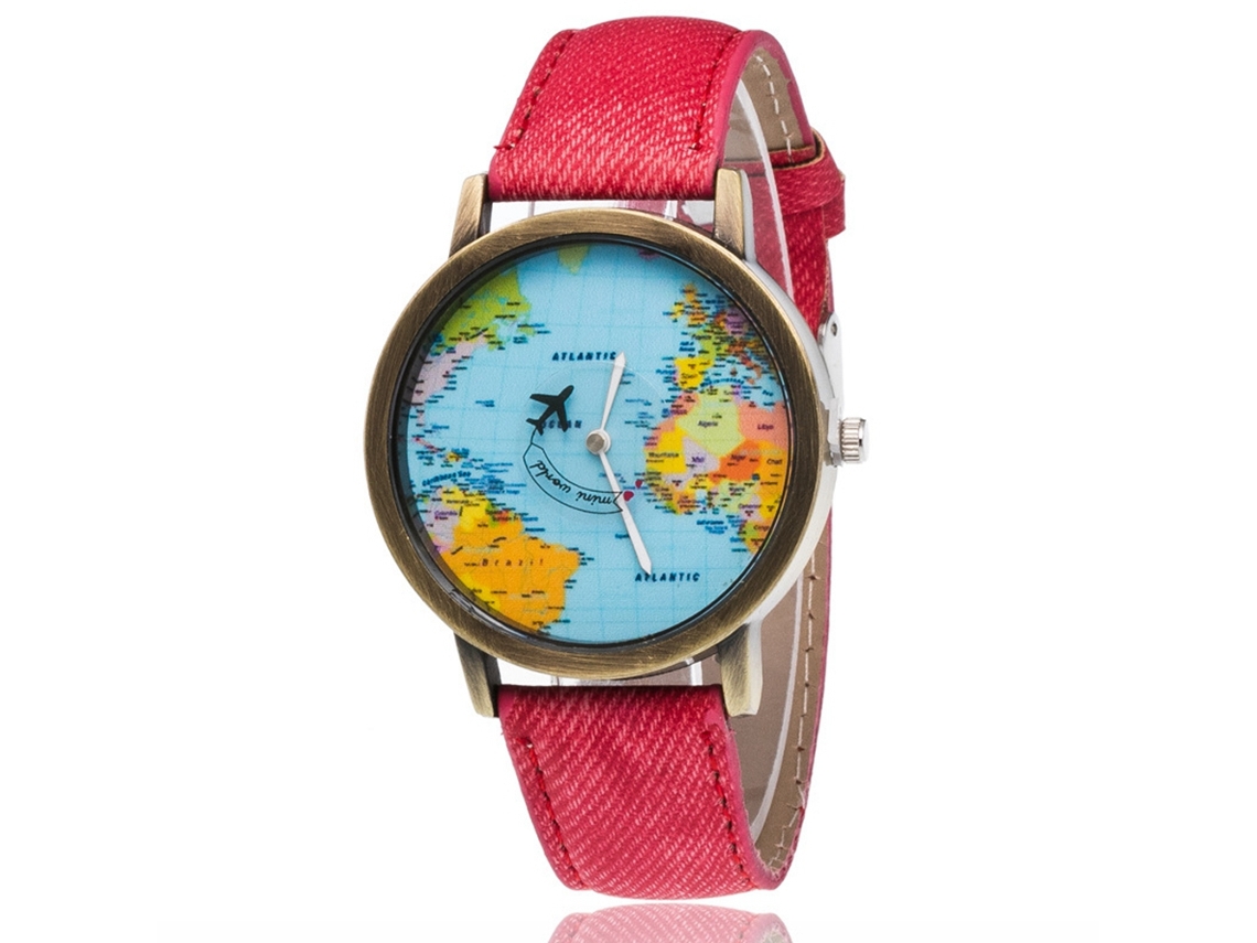 Relógio de pulso unissex com mostrador redondo e pulseira de jeans com estampa Atlas (vermelho)