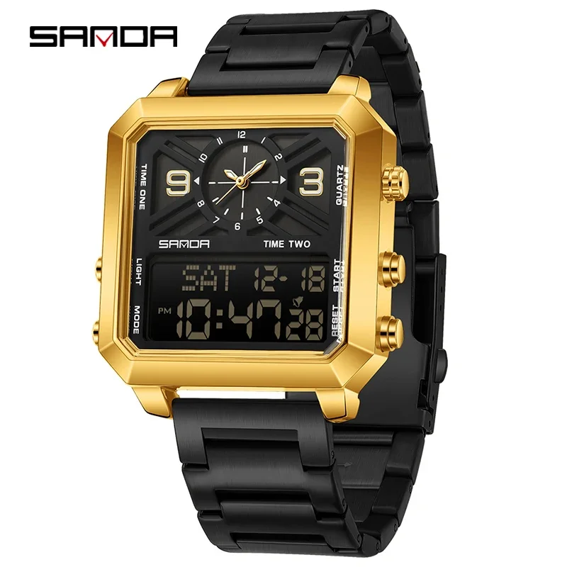 Relógio de Pulso Masculino MDUG esportivo quadrado com visor duplo, movimento de quartzo, aço inoxidável, à prova d'água (preto e Dourado)