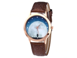 Reloj De Cuarzo Unisex Con Correa De Cuero Pu, Dial De Cielo Estrellado, Color Café