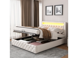 Cama Box 160x200 Cm Com Ripas, Gavetão, Led E Baú Em Couro Pu Branco.