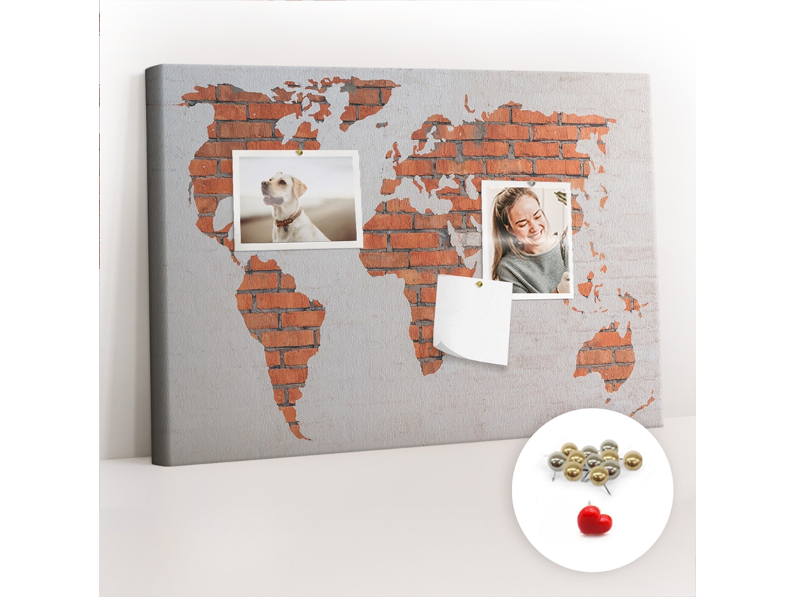 Quadro De Cortiça Com Impressão Mapa-múndi Em Tijolos Para O Corredor Espelharte (60x40 Cm)