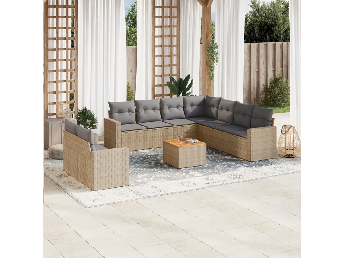 Vidaxl 10 Pcs Conjunto De Sofás P/ Jardim Com Almofadões Vime Pe Bege