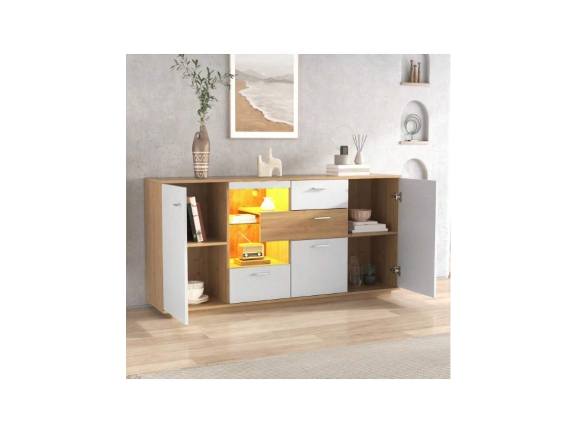 Moderno Armário Lateral Com Ampla Capacidade,iluminação Led,16x4x77cm,2 Portas,4 Gavetas,prateleira De Vidro,acabamento Em Madeira,branco
