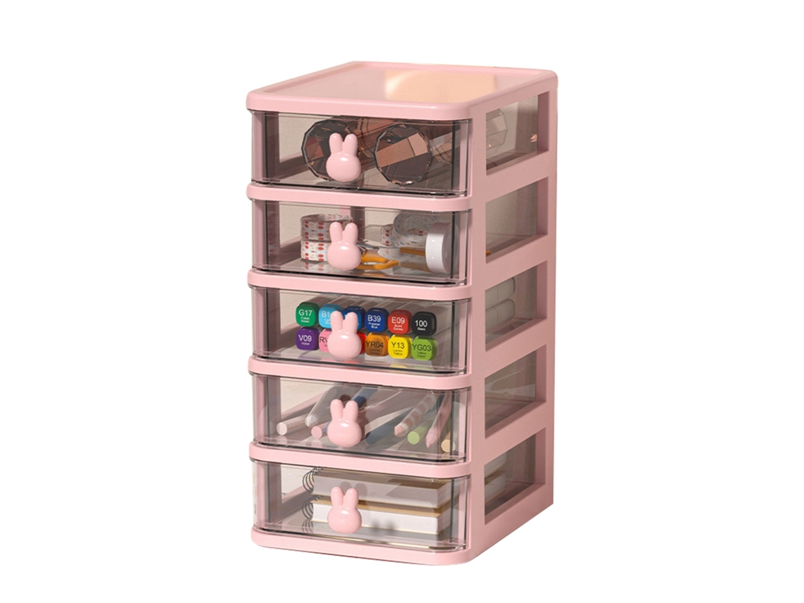 Caja Organizadora De Escritório Com Gavetas De Plástico Transparentes Coelhos 5 Níveis Rosa 13.4x17x26cm
