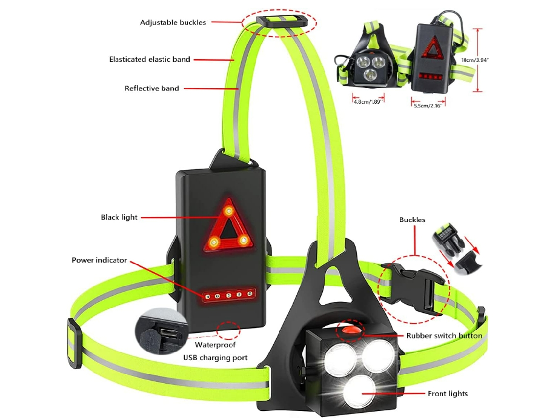Ipx55 À Prova D'Água Lanterna de Peito Usb Recarregável Led Tocha com Aviso de Segurança Traseiro Jogging Caminhada Caminhada Cães Preto YIZHOOD