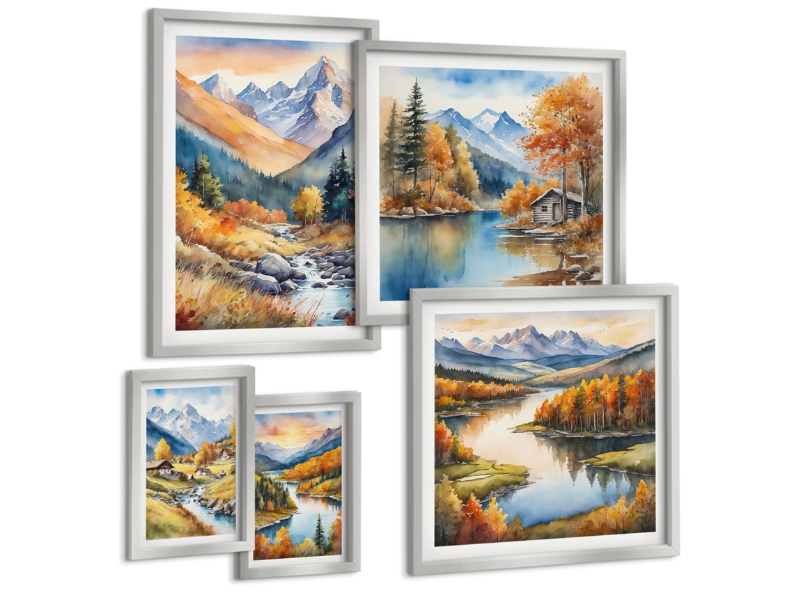 Conjunto De Pinturas Montanhas De Outono Rios Casinhas Espelharte (5 Peças)