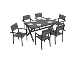 Conjunto de Jantar Exterior 7 Peças para 6 Pessoas, Mesa e Cadeiras em Alumínio com Ripas Efeito Madeira, Cinza PROFESIA BOYANG