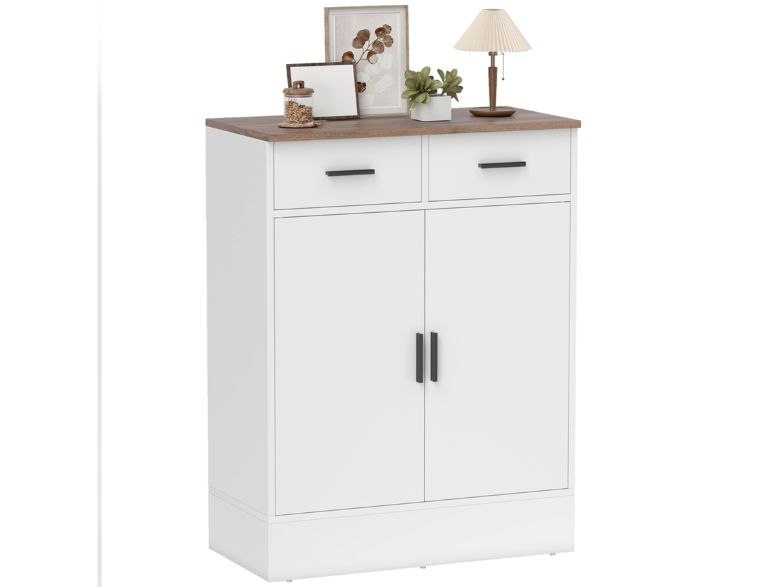 Aparador de Cozinha Moderno com 2 Gavetas, Branco/castanho, 2 Armários e Prateleira Ajustável, 68,6x35x90,3 Centímetros
