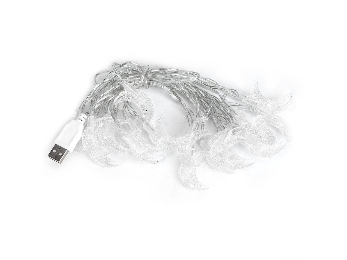 Luzes de corda Led com pingente de lua de plástico para Natal e férias USB branco quente S/MARCA