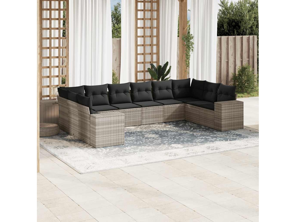 Vidaxl 10 Pcs Conj. Sofás Jardim Com Almofadões Vime Pe Cinzento-claro
