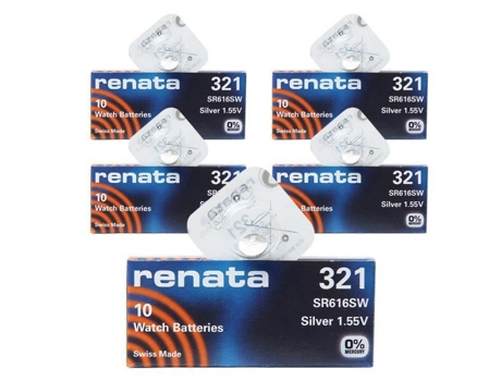 RENATA 321 Sr616Sw 5Pack X 10Pcs = 50 Silver 1.55V Bateria de Relógio Feita na Suíça