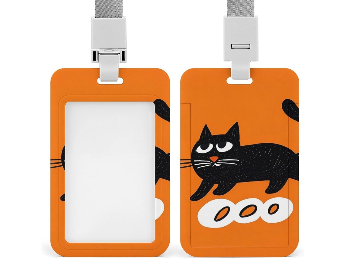 Clipe Crachá, Gatinho Preto Fofo Em Fundo Laranja, Porta Crachá Com Cordão, Porta Crachá De Identificação, Cordão