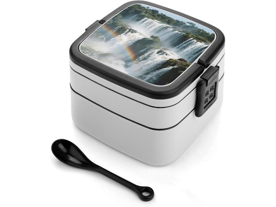 Marmita Bento De Camada Dupla Iguazu Falls Para Adultos Com Colher E Alça, À Prova De Vazamentos, Marmita Empilhável De