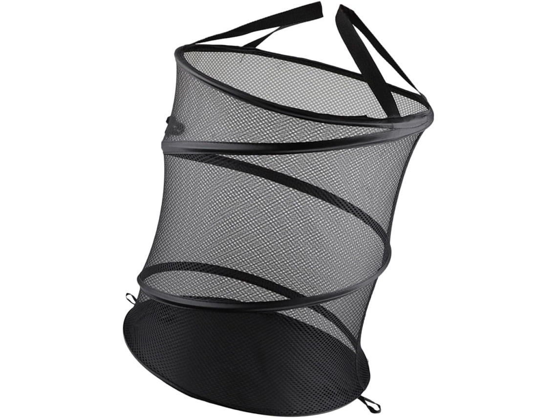 Cesto de Roupa Dobrável Redondo, Organizador Roupas Compacto na Cor Preta, Feito Malha Respirável, CHABERLU