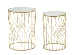 Conjunto De Duas Mesas De Centro Ligne Oro - Design Redondo Em Metal Com Decoração Geométrica E Tampo Espelhado - Estilo Glam 38x55cm E 33x50cm