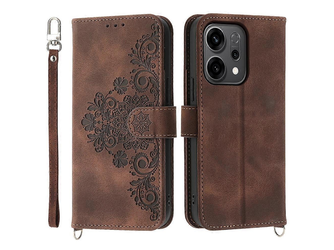 Capa Tipo Carteira De Couro Sintético Com Estampa Floral Para Oppo Reno14 F 5g, Com Alça, Marrom