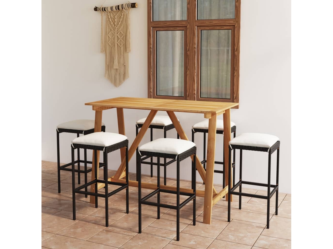 Vidaxl 7 Pcs Conjunto De Bar P/ Jardim Com Almofadões Preto