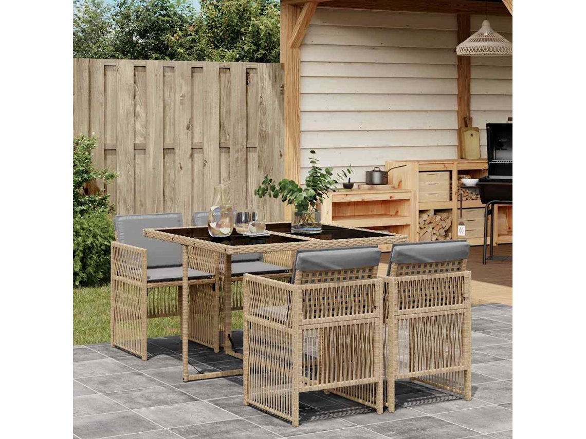Vidaxl 5pcs Conj. Jantar Jardim C/ Almofadões Vime Pe Bege Misturado