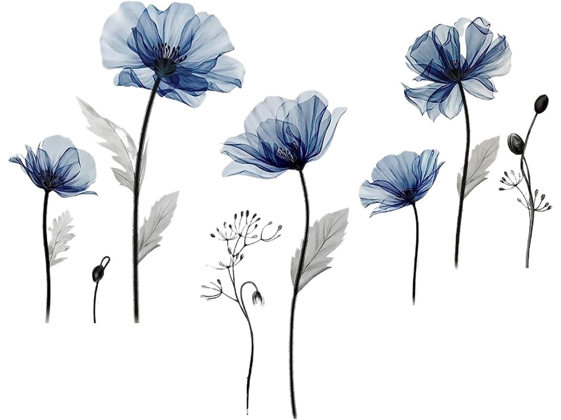 Adesivo De Parede Floral Grande Azul Para Escritório, Quarto, Sala De Estar, Cozinha E Decoração De Casa (54cm De Largura X 38cm De Altura)