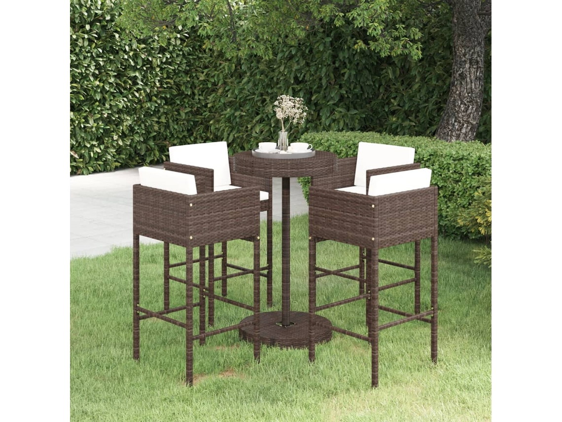 Vidaxl 5 Pcs Conjunto De Bar P/ Jardim Com Almofadões Vime Pe Castanho