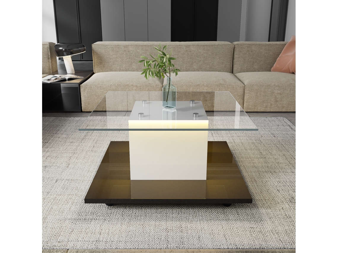 Mesa De Centro Moderna Com Rodas Giratórias E Tampo De Vidro Brilhante. Mega Echo Trade Shop