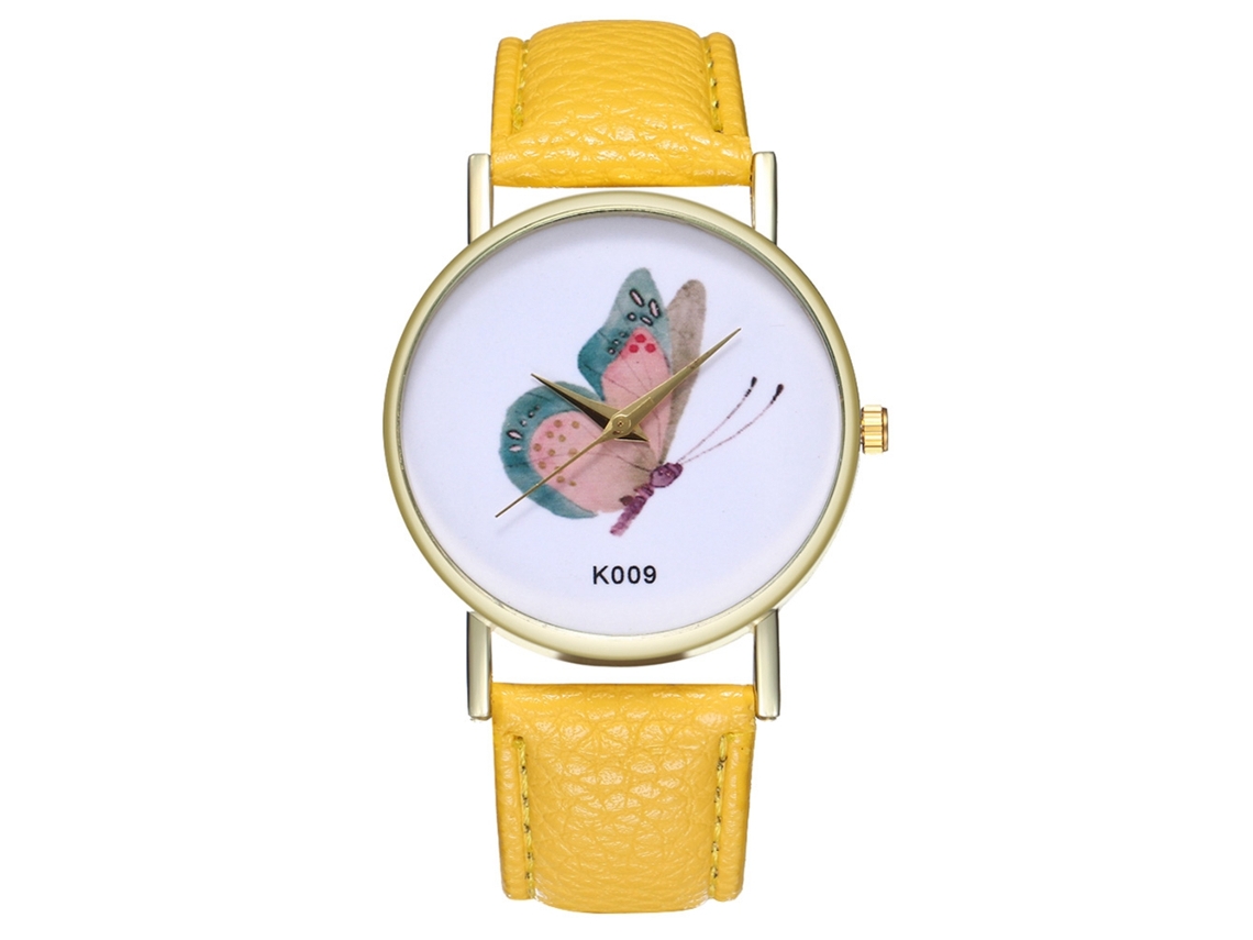 Relógio de Pulso Feminino Zhoulianfa Borboletas Moda Couro Quartzo Amarelo