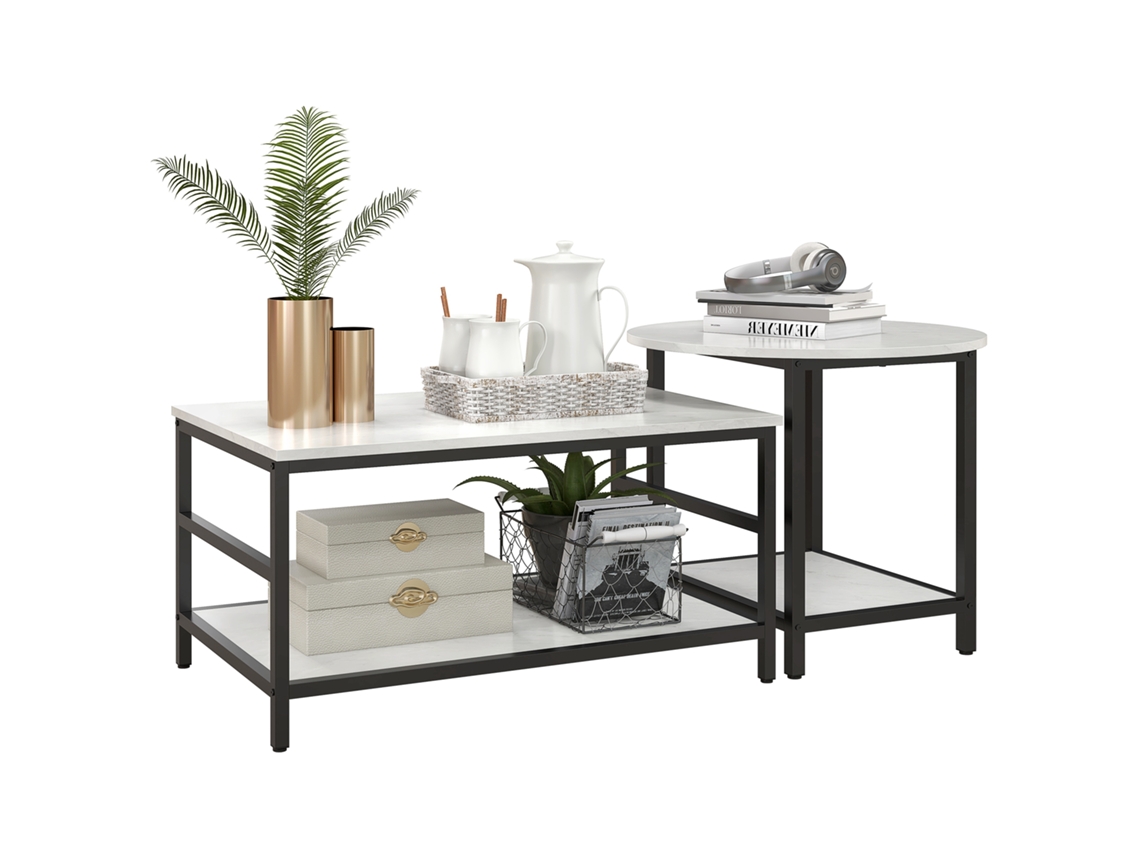 Mesa de Centro Conjunto BTFORUS, com 2 mesas laterais, efeito mármore, pés ajustáveis, preto e branco
