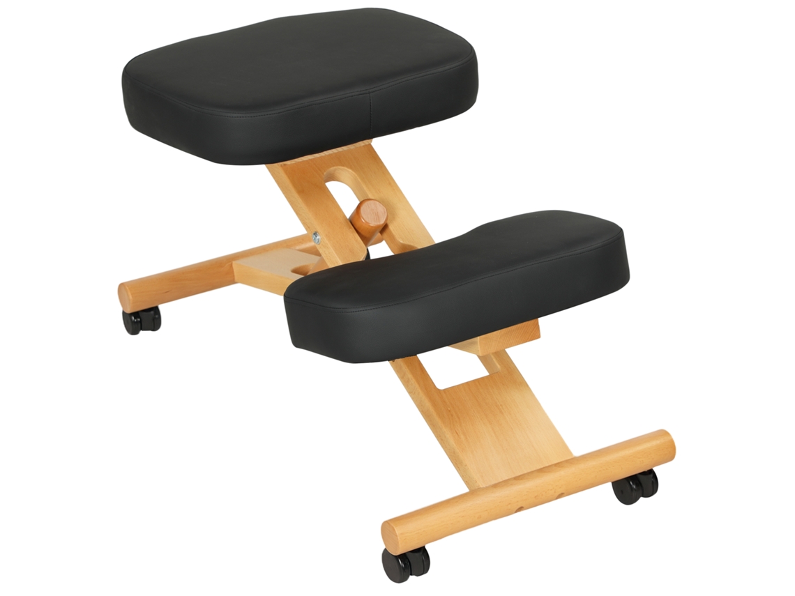 Cadeira Ergonómica Postural Com Apoio Para Joelhos E Rodas, Em Madeira De Borracha, Preto