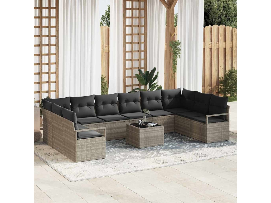Vidaxl Conjunto De Sofás Com Almofada 11 Pcs Cinzento-claro Vime Pe