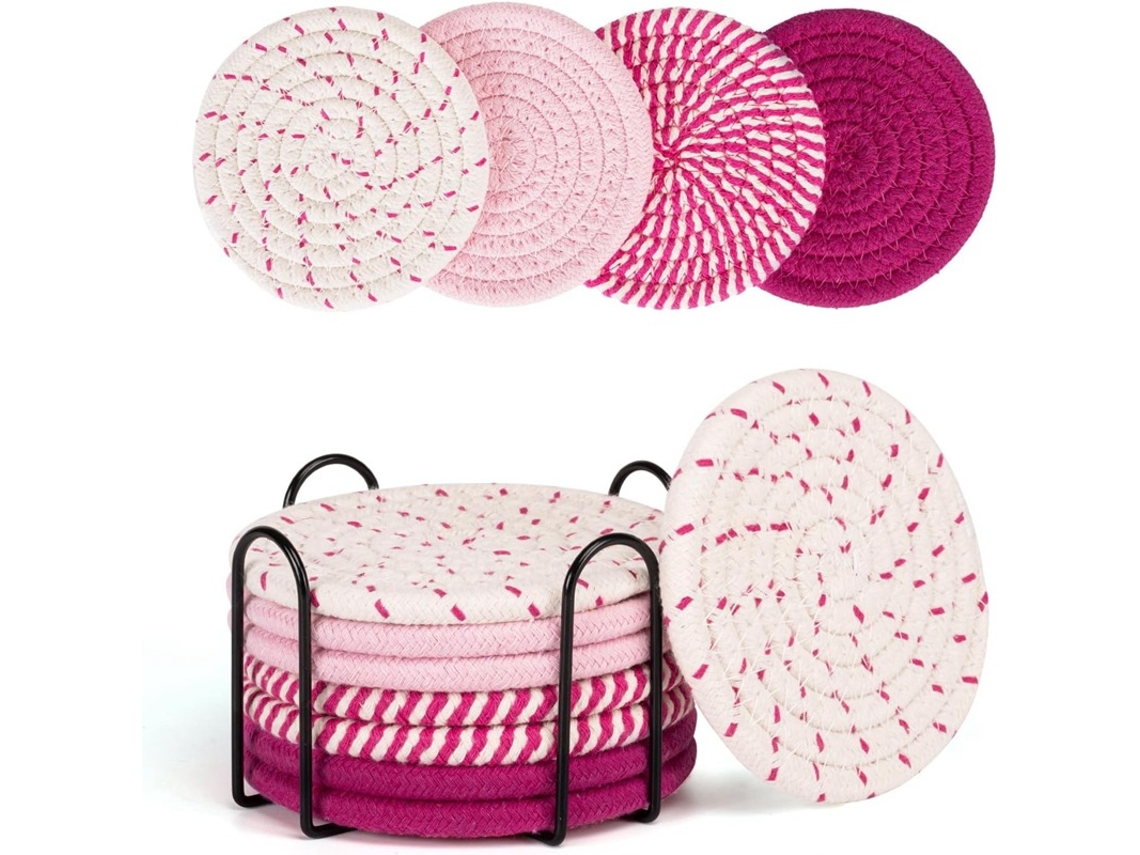 Conjunto 8 Bases De Copos Com Suporte - Absorventes Algodão - 11 Cm Rosa