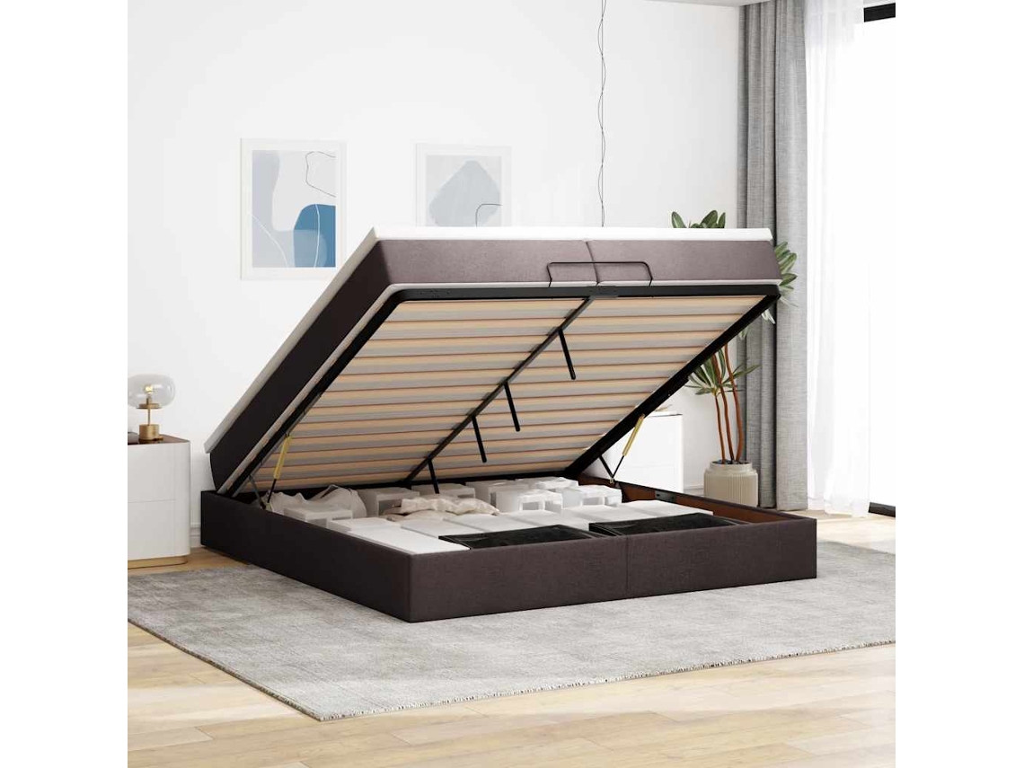 Estrutura De Cama Otomana Com Colchões Tecido Castanho Escuro