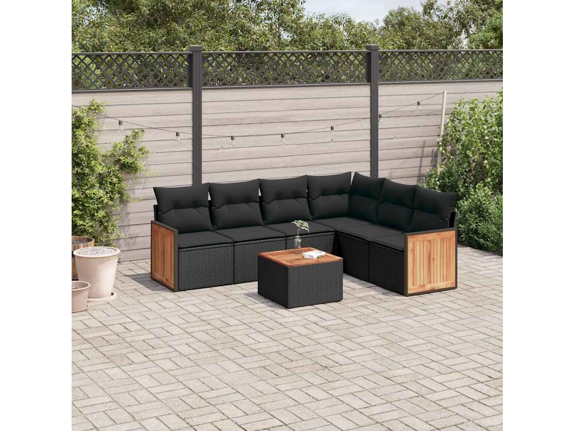 Vidaxl 7 Pcs Conjunto De Sofás P/ Jardim C/ Almofadões Vime Pe Preto