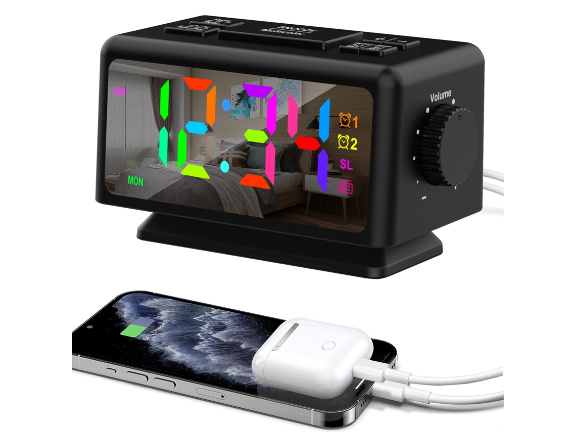 Despertador digital colorido Baok com 7 núcleos, tela de tecido LED ajustável de 5 polegadas, rádio USB para quarto e sala de estar.