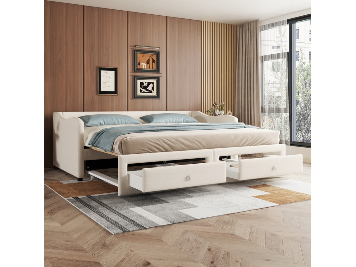 Sofá cama 90x200 Bege com Cama Auxiliar e Gavetas