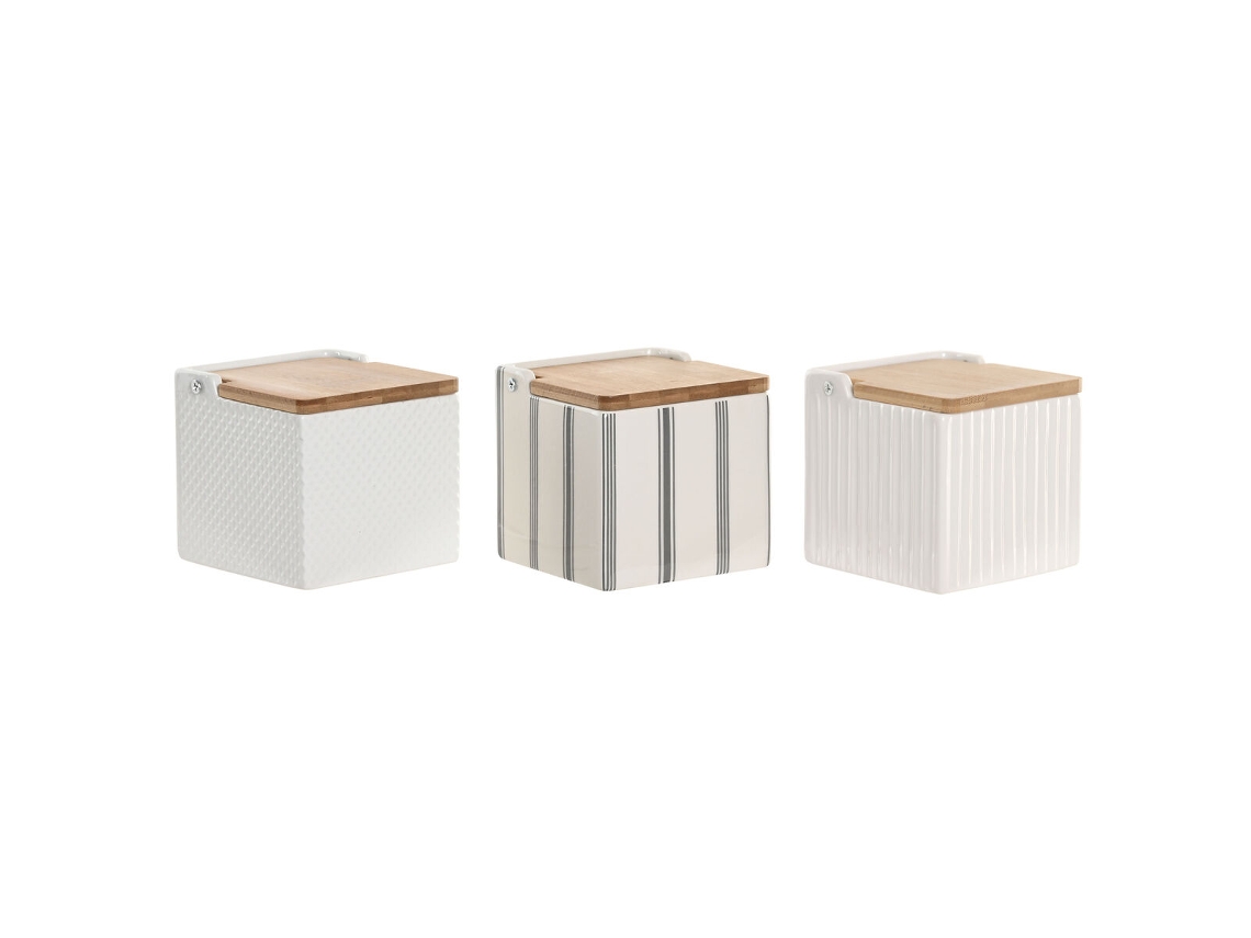 Saleiro Com Tampa Home Esprit Branco Bambu Grés 11 X 11 X 11 Cm (3 Unidades)