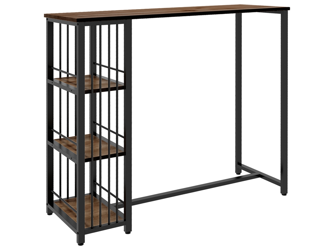 Mesa Alta De Cozinha Com 3 Prateleiras De Bar Retangular Para 2 Pessoas Pés De Aço 120x40x105 Cm Castanho E Preto