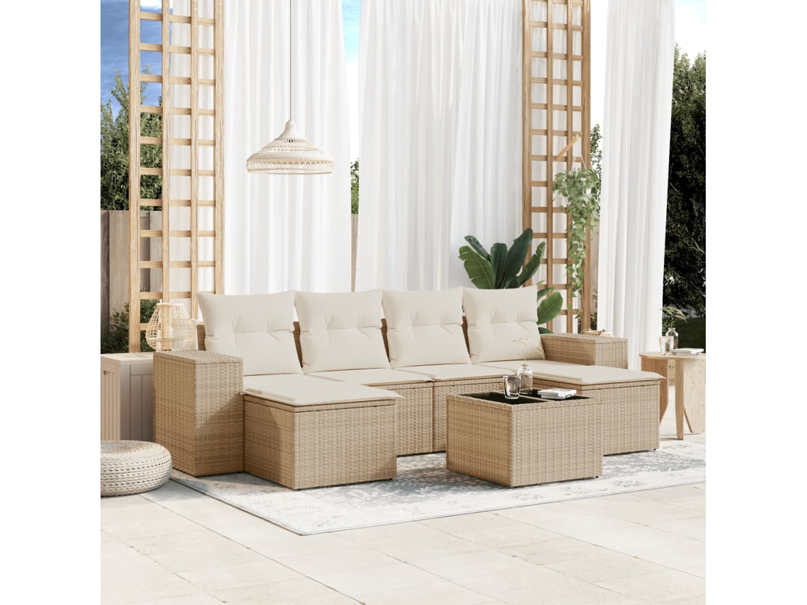 Vidaxl 7 Pcs Conjunto De Sofás P/ Jardim Com Almofadões Vime Pe Bege