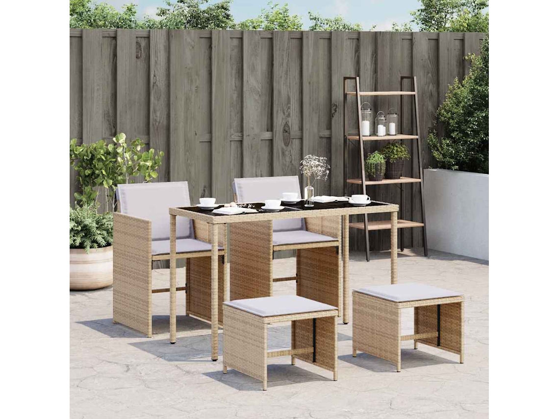 Vidaxl 5pcs Conj. Jantar Jardim C/ Almofadões Vime Pe Bege Misturado