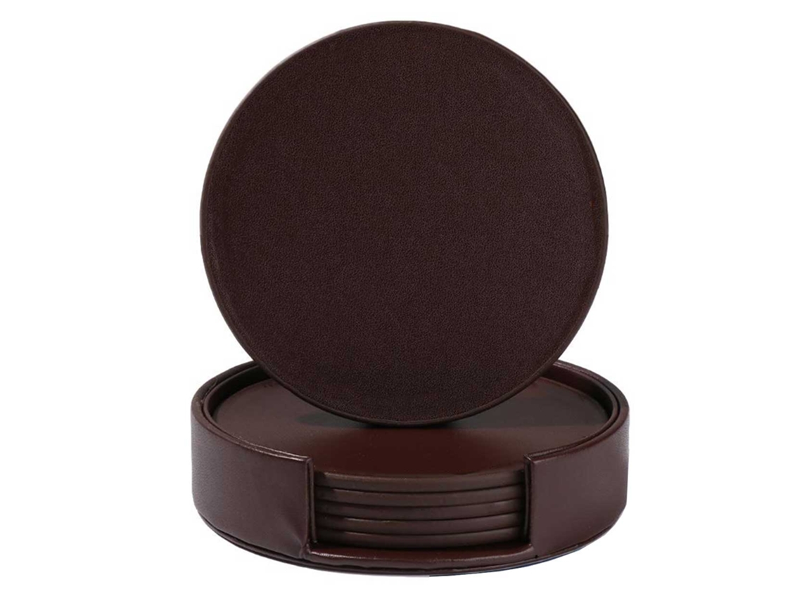 Conjunto de 6 Porta copos Marrons em Couro Pu com Suport AQUAFORGE