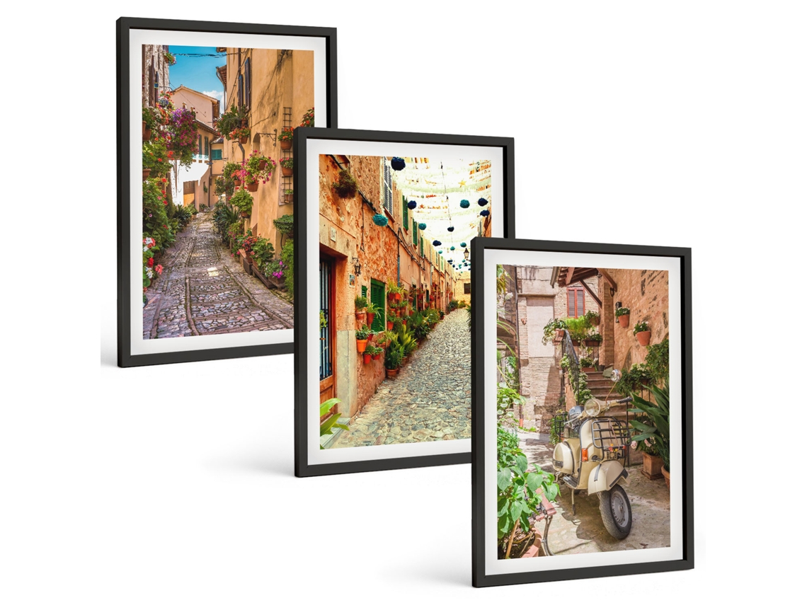 Conjunto De Pinturas Ruas Floridas, Atmosfera Italiana Espelharte (3 Peças 40x60 Cm)