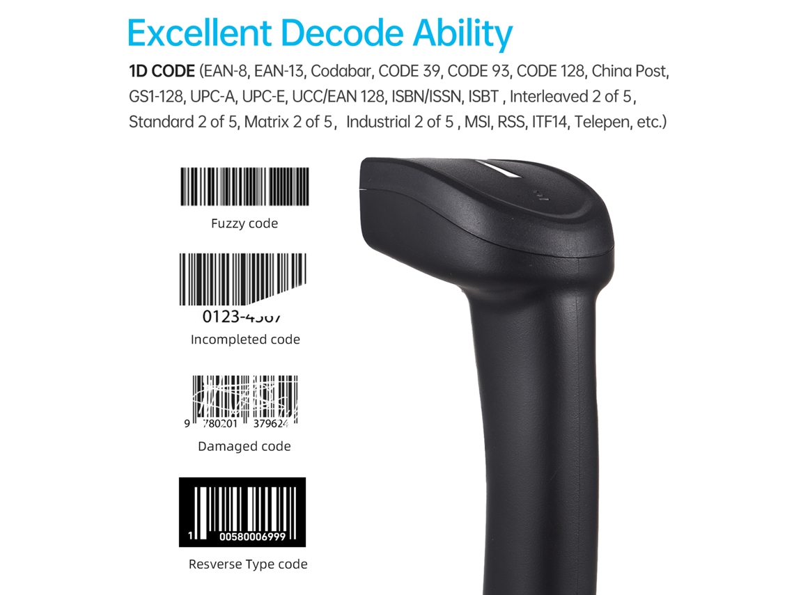 Escáner De Código De Barras Inalámbrico Bt 1d Manual, Compatible Con Usb, Windows, Android, Mac Para Supermercados, Tiendas, Logística